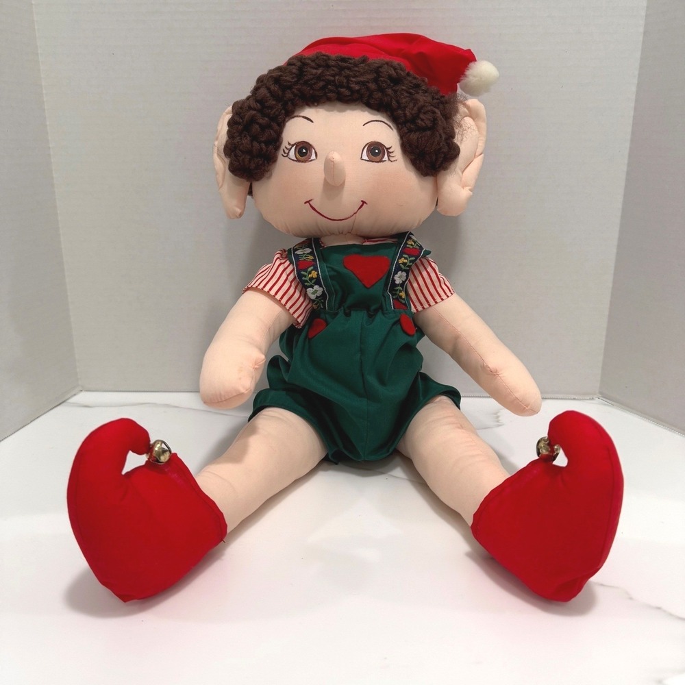Vtg Handmade Christmas Elf Doll Cloth Fabric Santa Hat Green Outfit Whimsy 20"